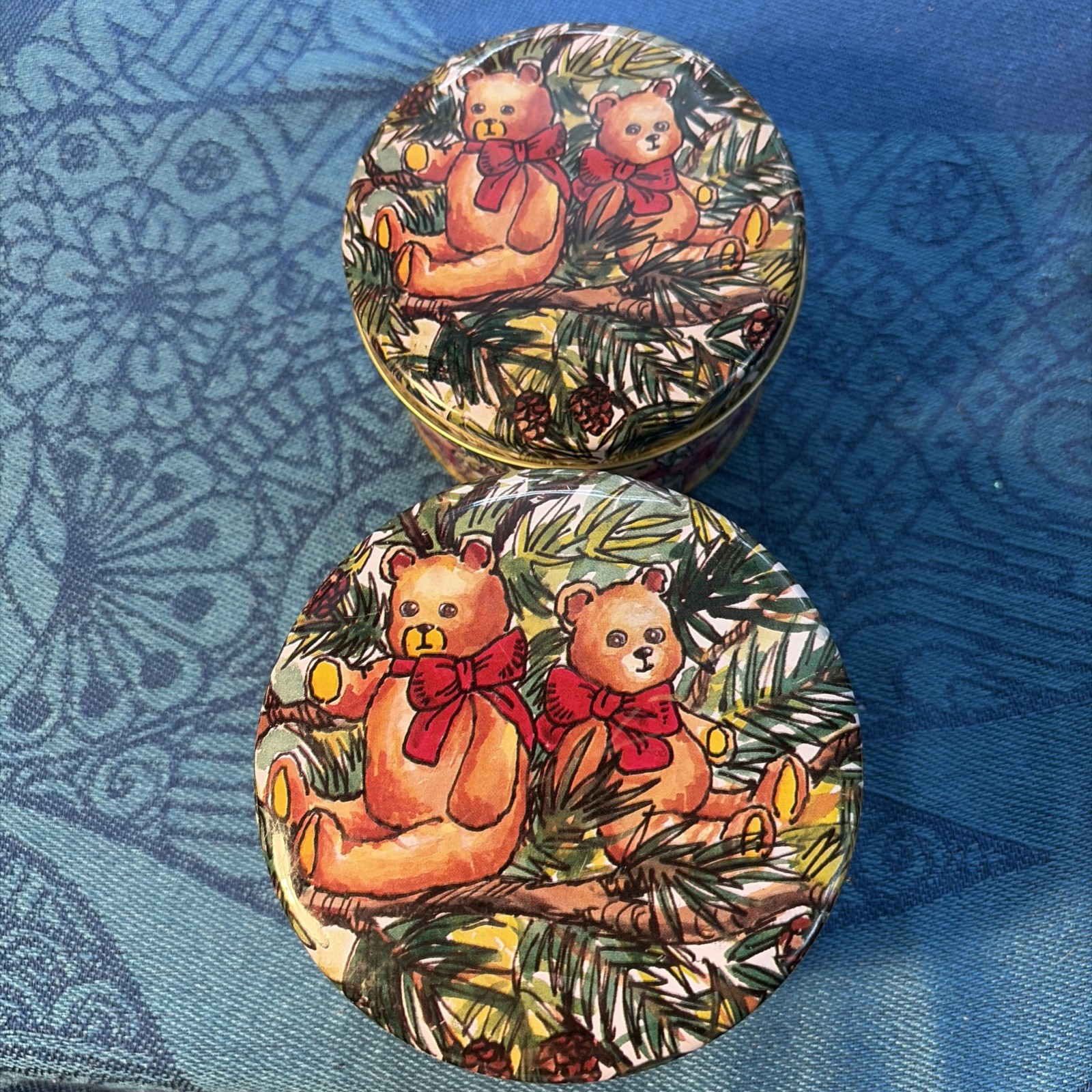 Vintage Christmas Teddy Bear Tin Set Nesting Holiday Cookie Tins 2pc