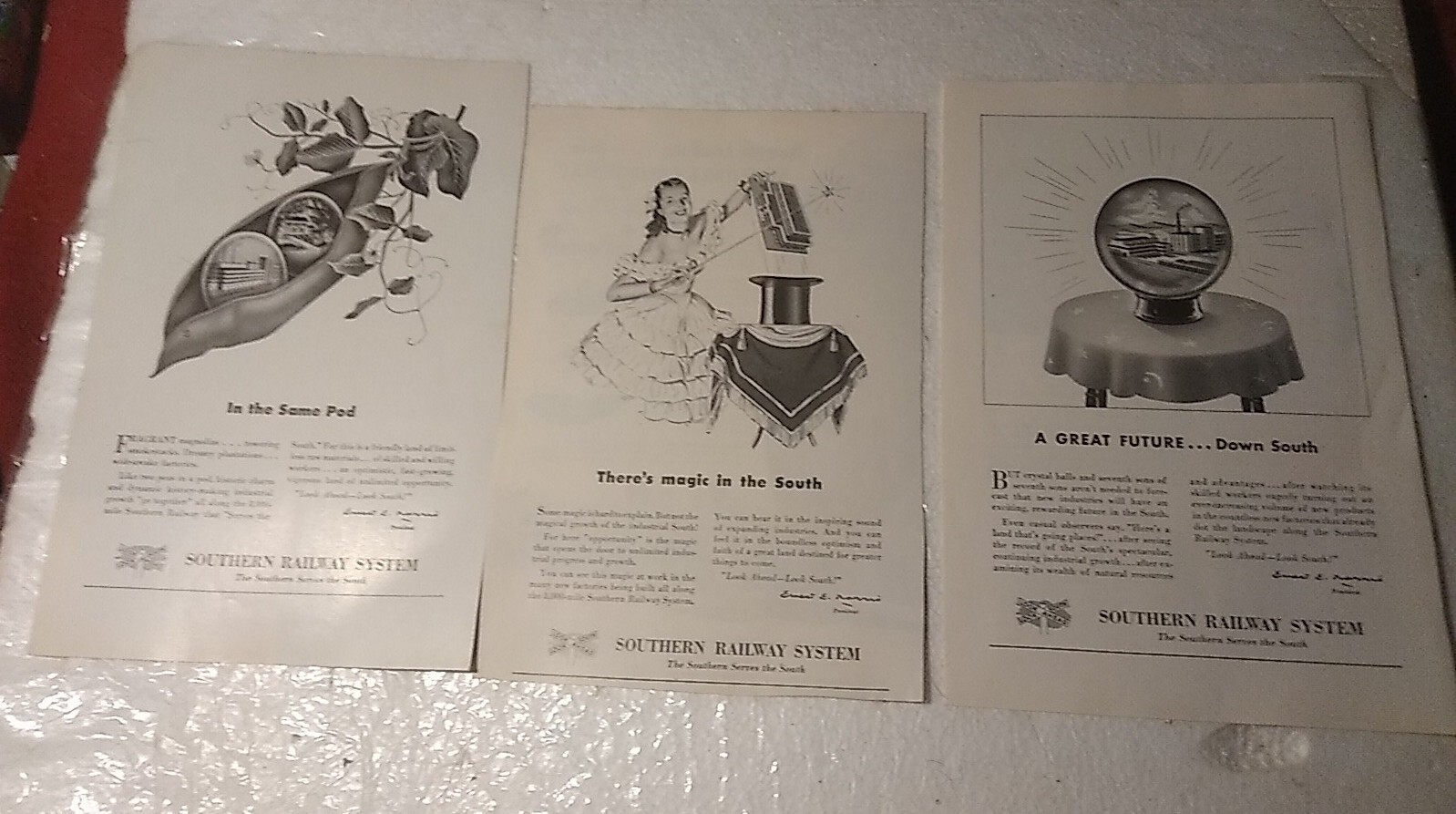 3 x Southern Railway System Print Advertisemnts 1950s Theres Magic In The South