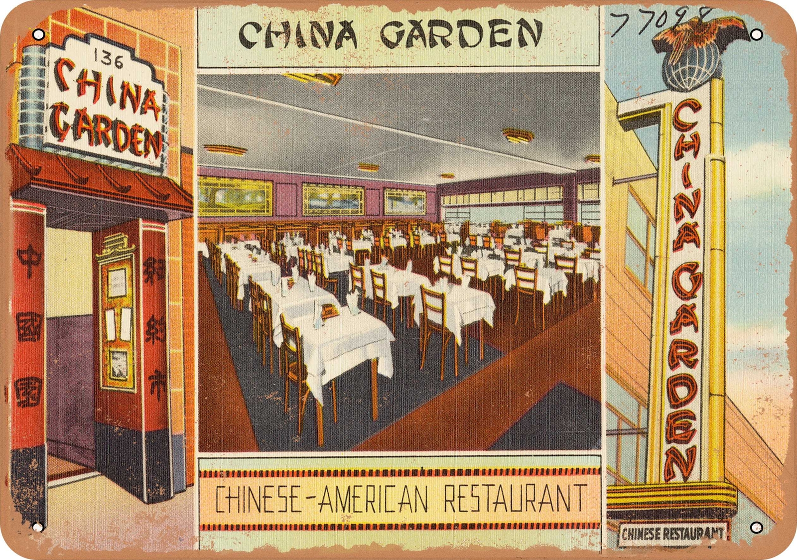 Metal Sign – New York Postcard – China Garden, Chinese-American Restaurant