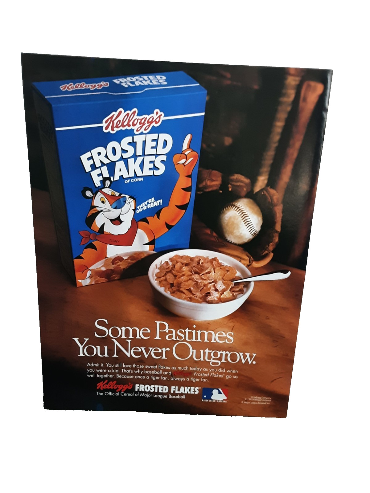 1992 Kellogg’s Frosted Flakes Vintage Print Ad Tony the Tiger Baseball