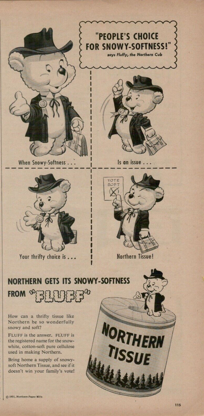 1951 Northern Tissue Wonderfully Snowy & Soft Fluff Bear Cub VINTAGE PRINT AD