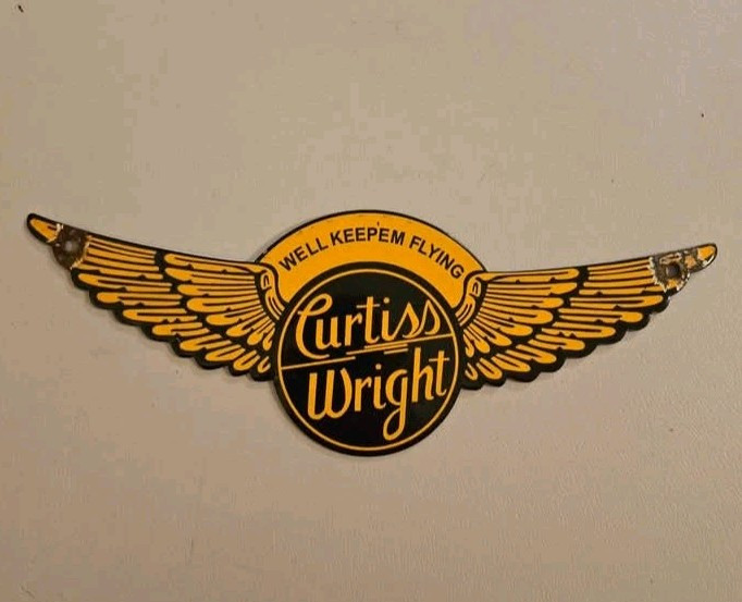 Vintage Curtiss Wright “We’ll Keep Em Flying” Wings Porcelain Sign Real