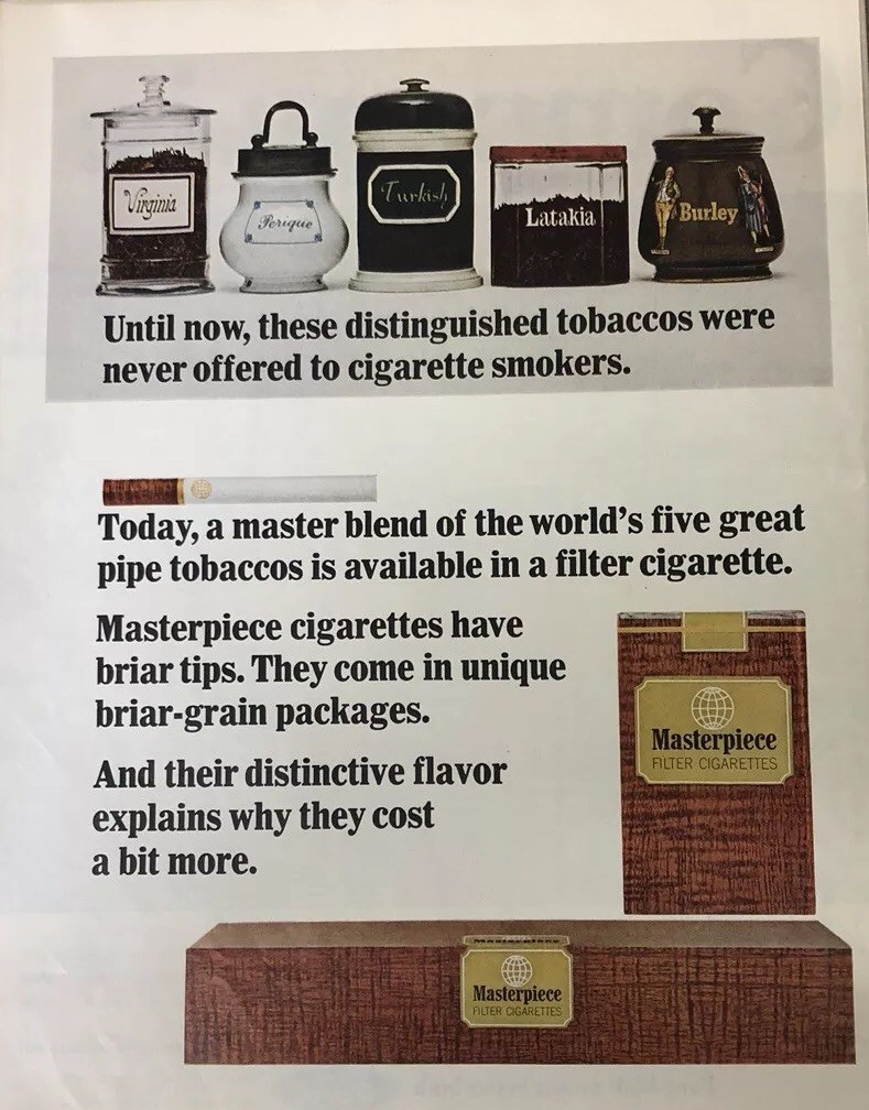 1965 Masterpiece Filter Cigarettes Print Ad Vintage S1