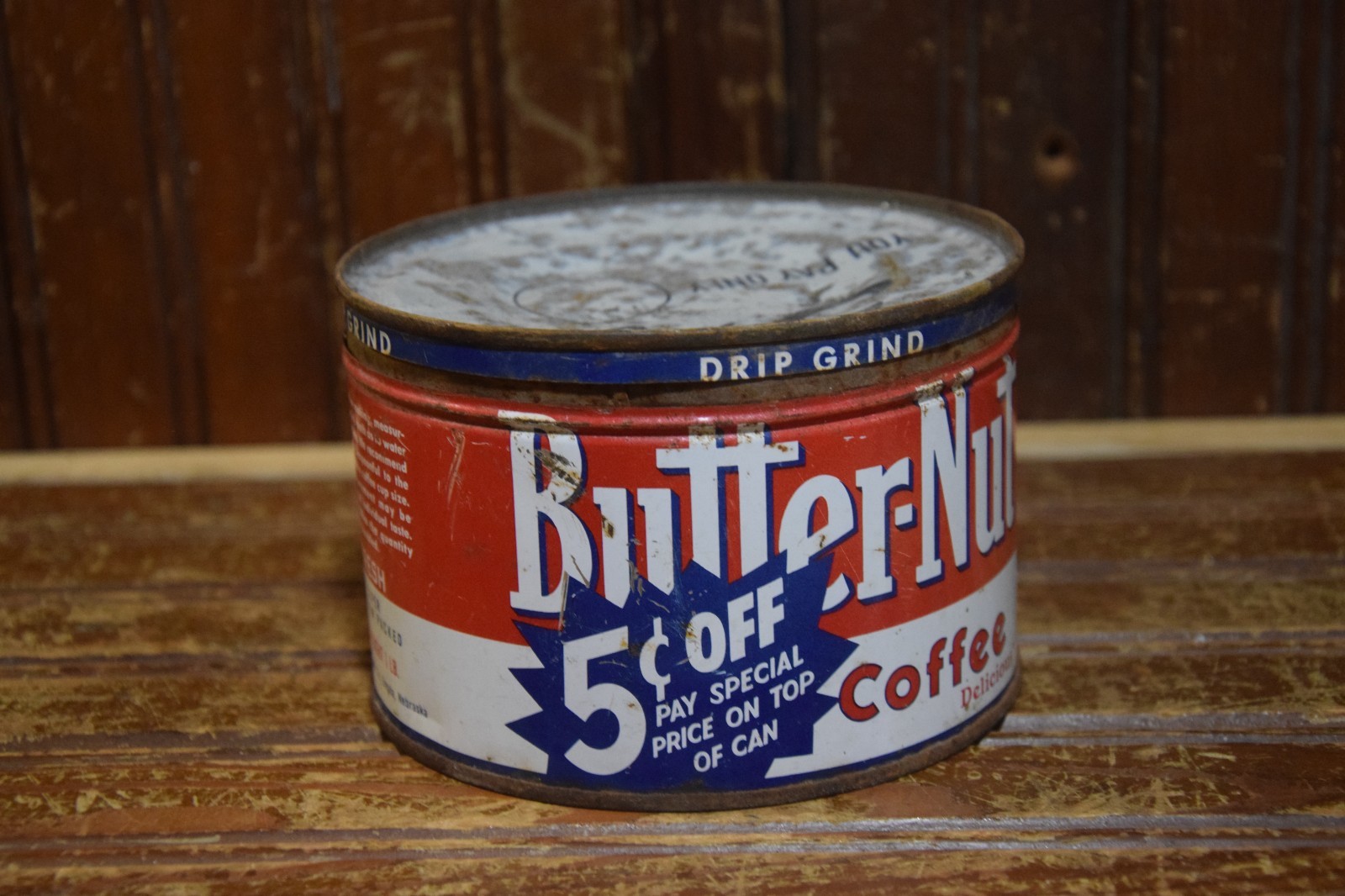 BUTTER-NUT COFFEE PAINTED COFFEE 1LB TIN CAN SIGN VINTAGE 1960s NEBRASKA OMAHA