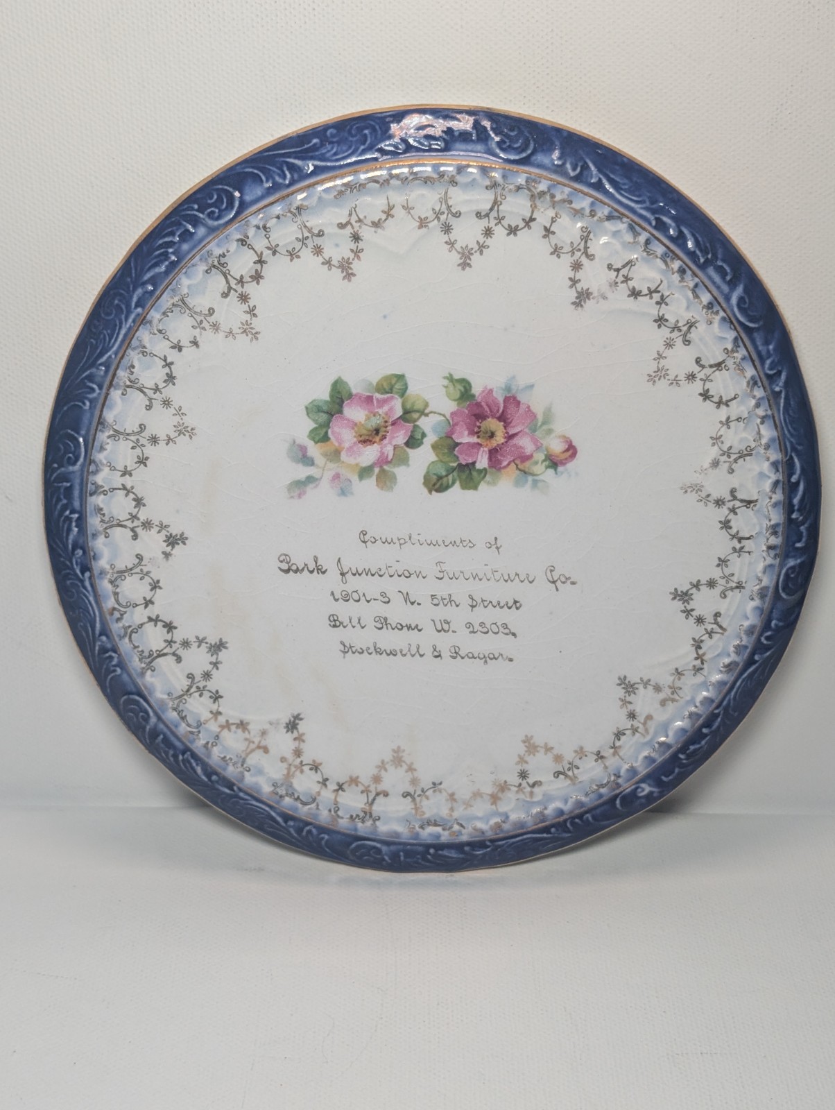 Antique Advertising Plate Park Junction Furniture Co Stockwell Ragar Floral 10in