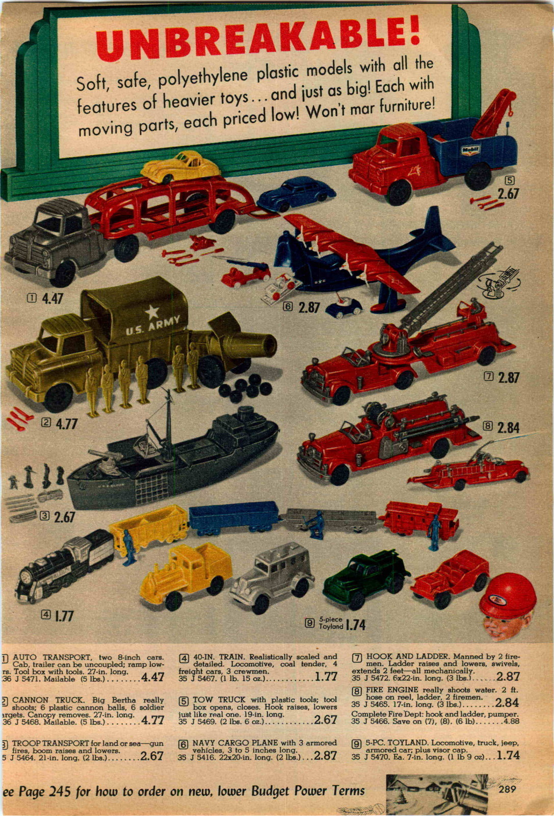 1958 ADVERT Toy US Army Truck Navy Cargo Plane Troop Transport Mobil Tow Wrecker