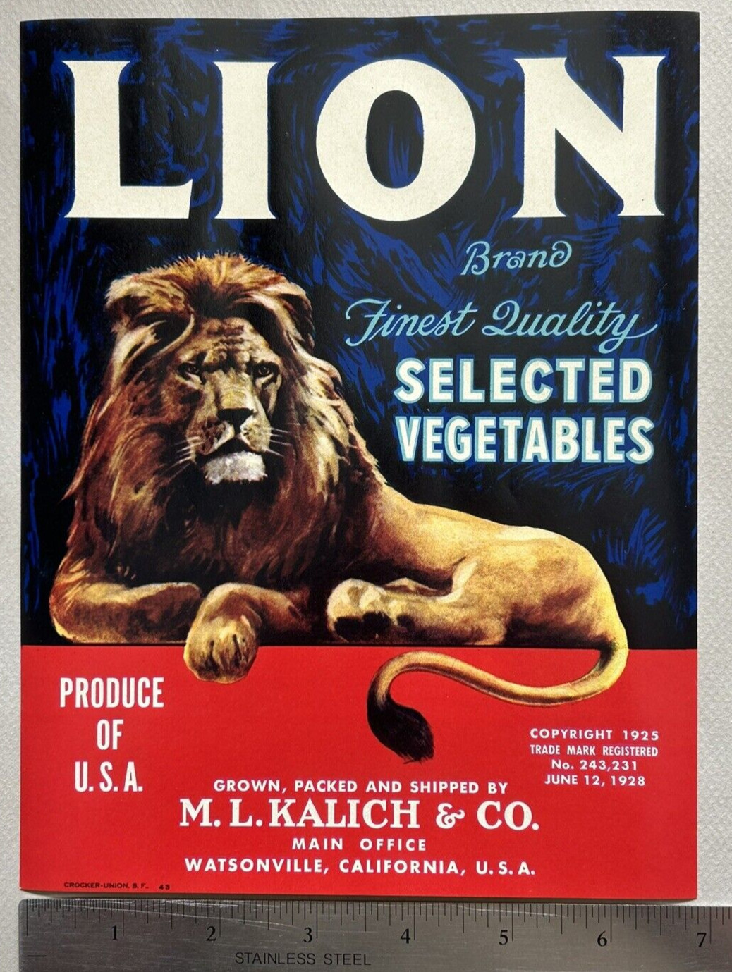 1943 Vintage NOS Lion Brand Selected Vegetables Crate Label Watsonville, Ca.