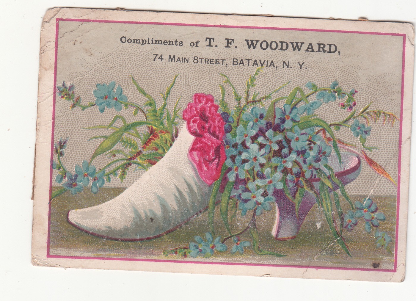 T F Woodward Batavia NY White Heeled Shoe Blue Flowers Vict Card c1880s