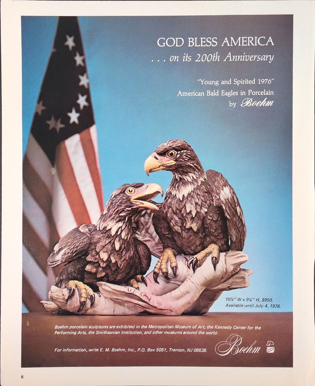 Vintage 1976 Boehm Bald Eagle Porcelain Patriotic Americana Magazine Print Ad