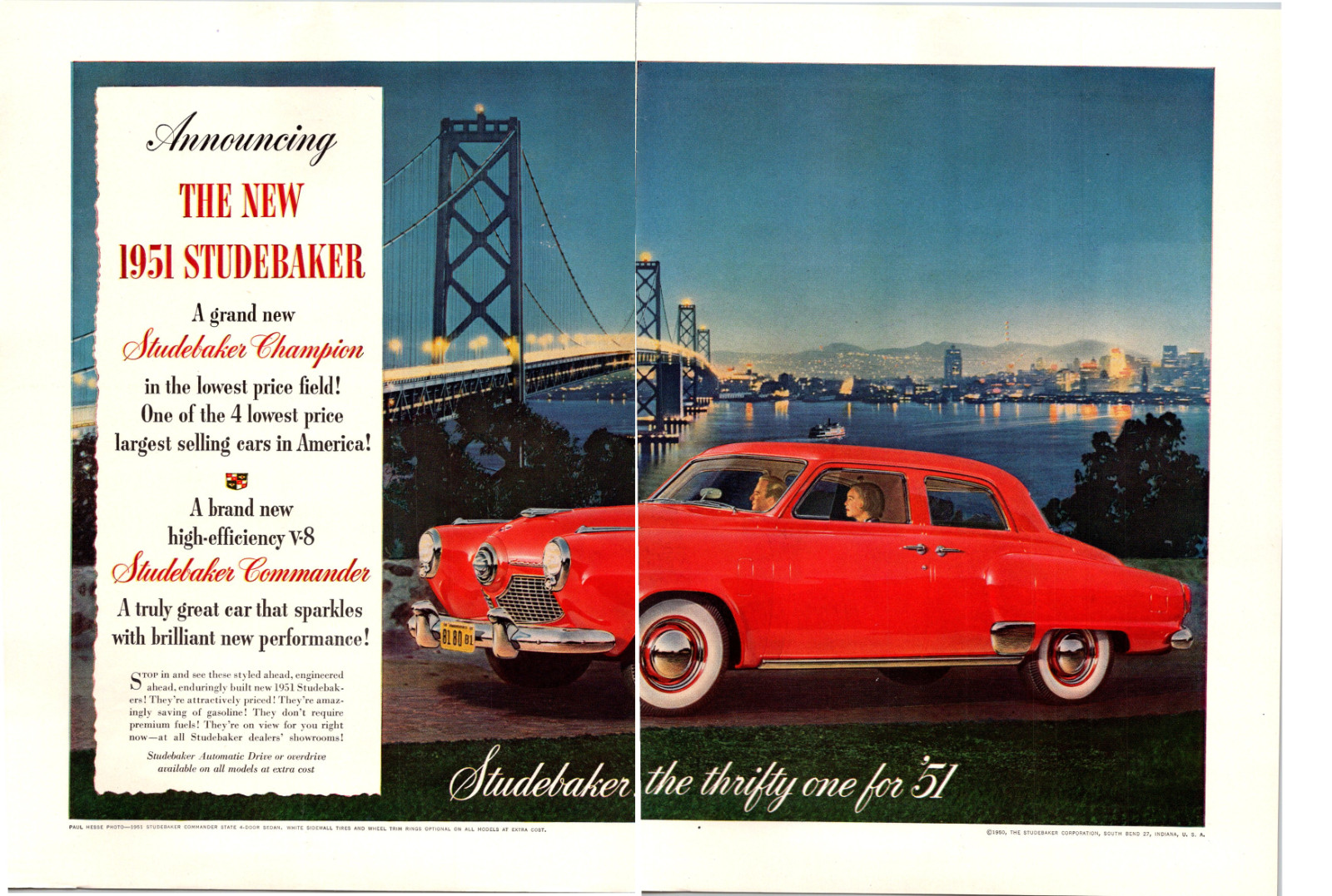1951 Studebaker 2-page Ad San Francisco Bay Bridge Red Sedan