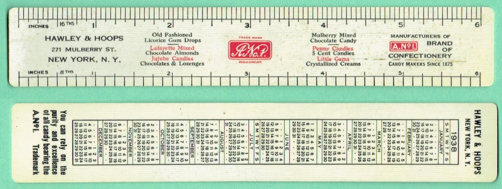 1938 Celluloid Adv Ruler HAWLEY & HOOPS A. No. 1 Candy Mulberry St NEW YORK