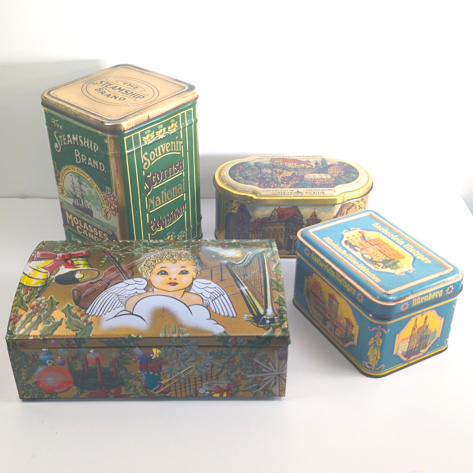 Lot of 4 Vintage Tins Haeberlein Metzger Otto Schmidt Nurnberger Steamship x4