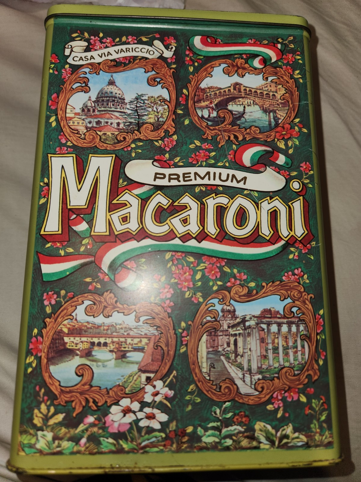 VTG Tin Container Made In England Premium Macaroni Metal Casa Via Variccio Retro