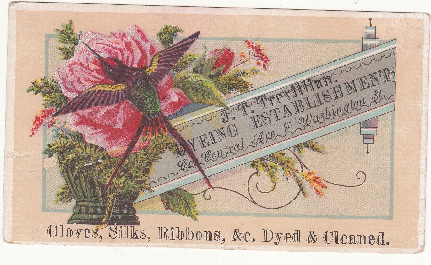J T Trevillion Dyeing Establishment Hummingbird Rose Vict Card c1880s