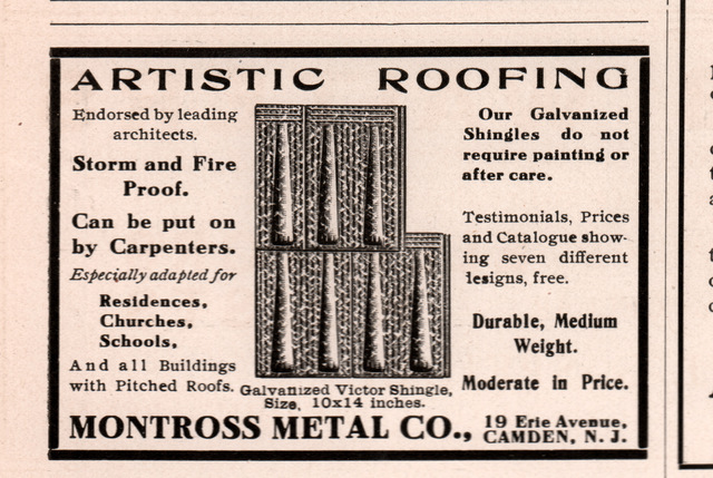 AD LOT OF 4 1905 – 1915 ADS MONTROSS METAL ROOFING CO CAMDEN GOTHIC