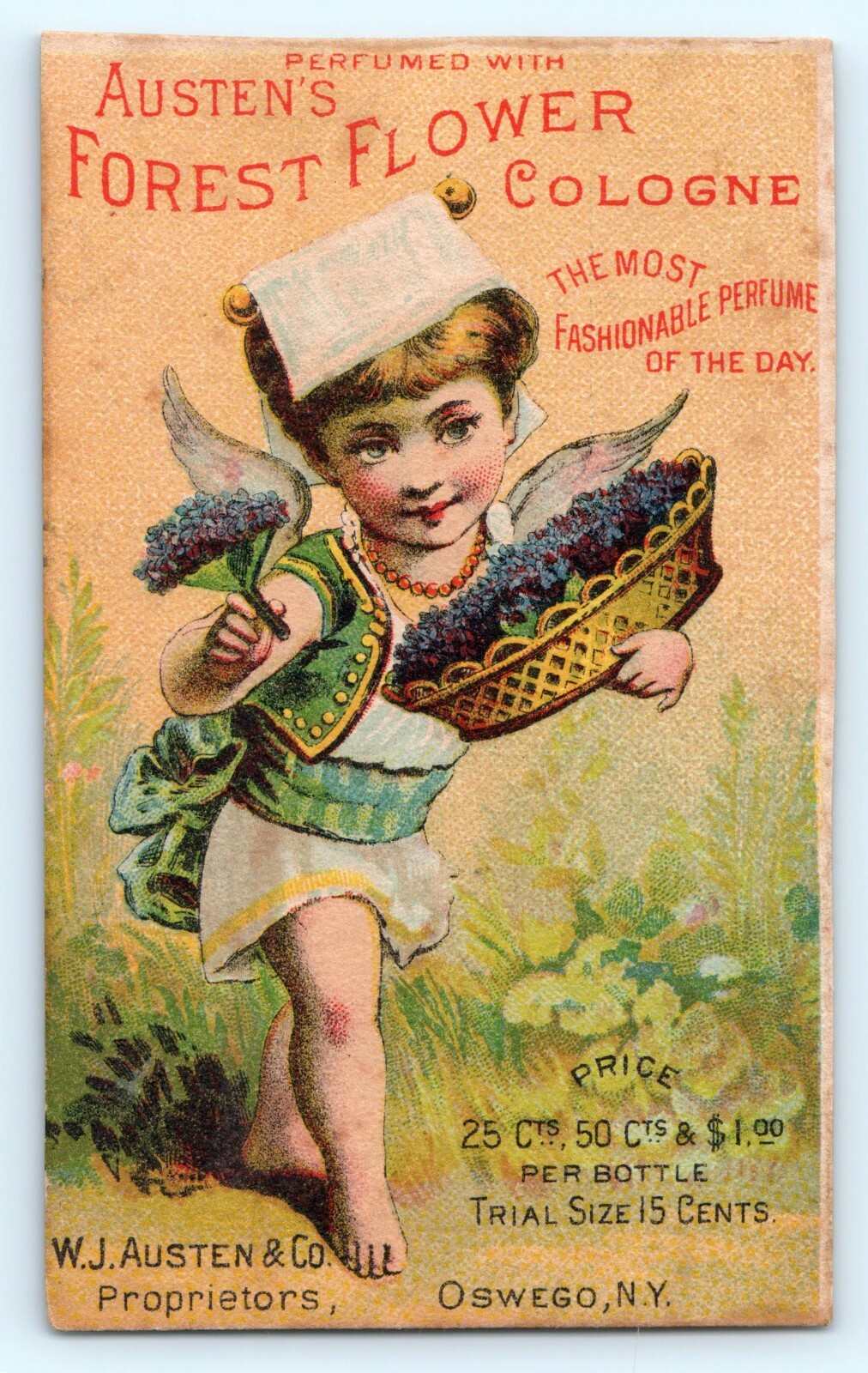 c1880s Austen’s Forest Flower Cologne Trade Card Oswego NY Farmington NH Cherub