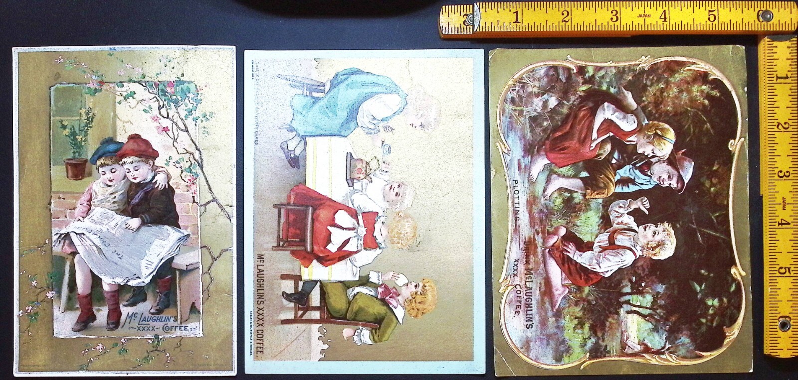 3 VINTAGE VICTORIAN TRADE CARDS-McLAUGHLIN’S XXXX COFFEE-Plotting, Tea and Paper