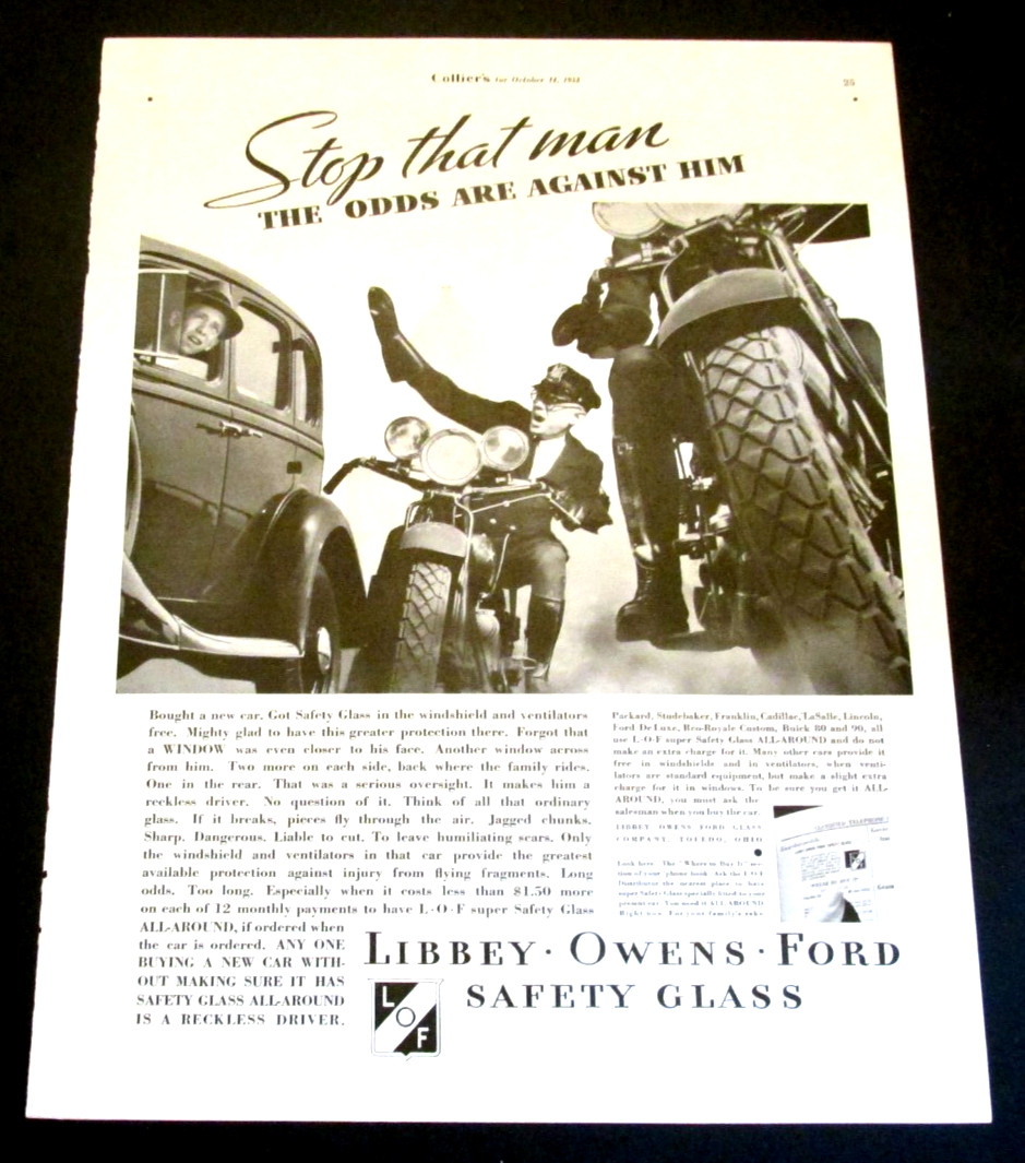 1933 Libbey Owens Ford Safety Glass Motorcycle Cop Print Ad White House Article