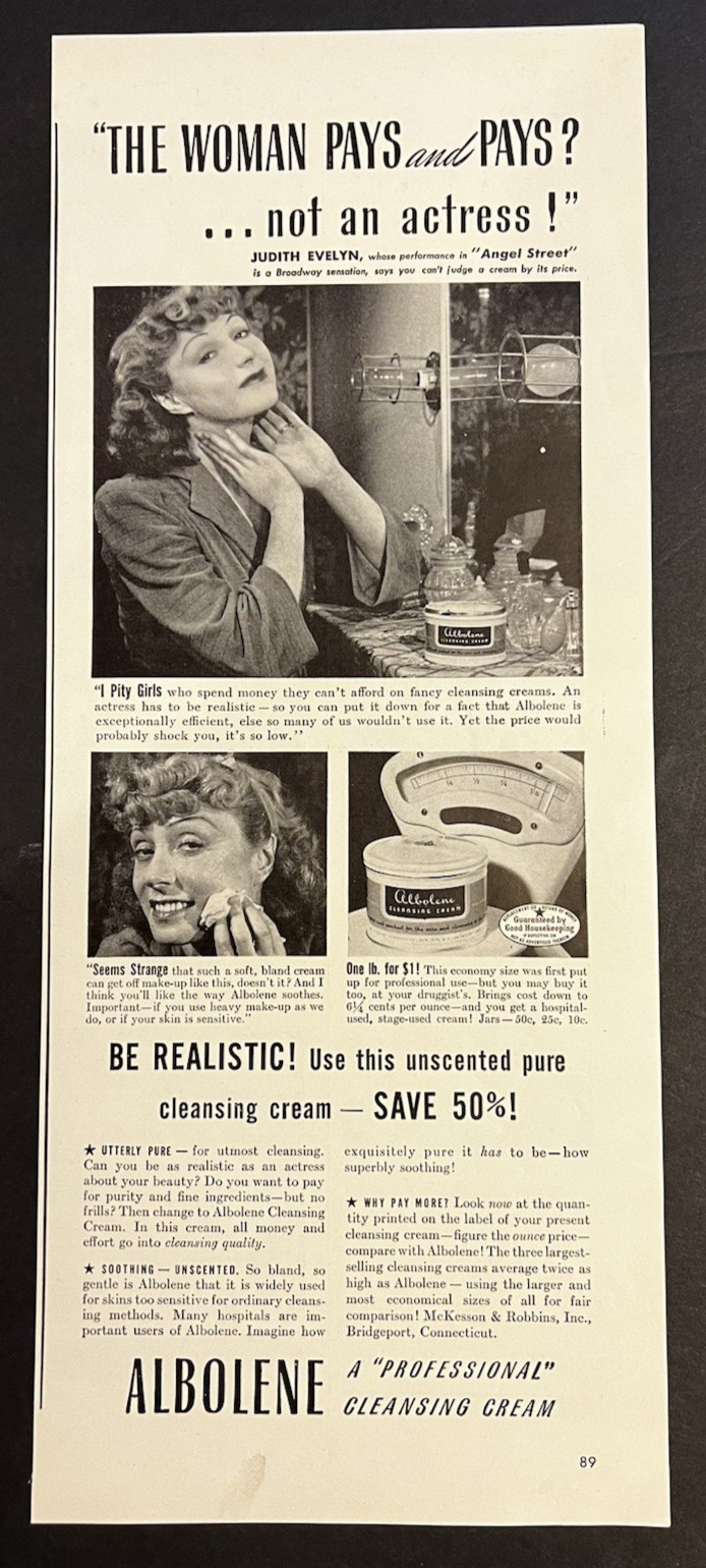 Vtg 1940s AD-Albolene-a Professional Cleansing Cream-Judith Evelyn Actress