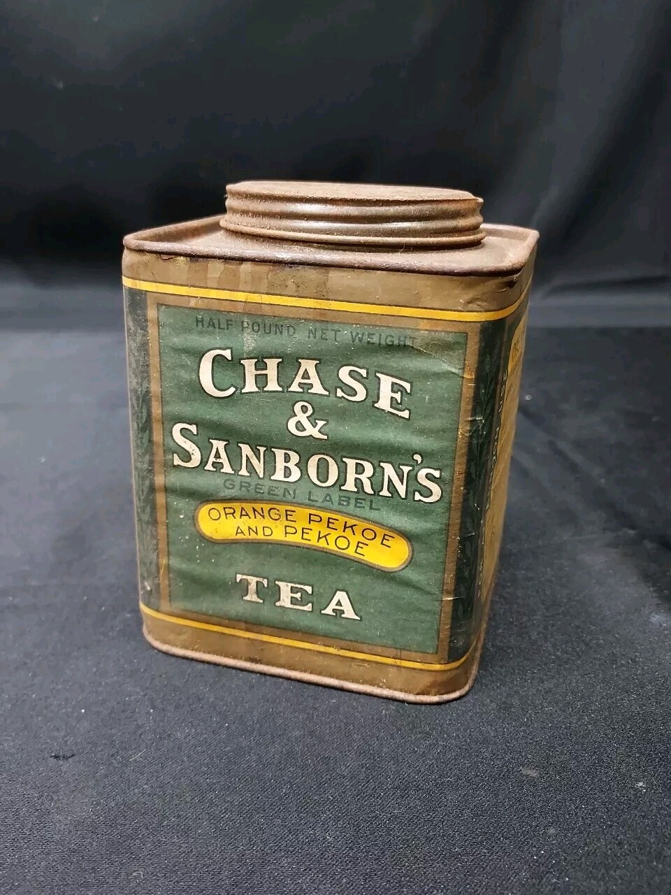 Early CHASE & SANBORN GREEN LABEL ORANGE PEKOE TEA TIN W/ PAPER LABEL Nice
