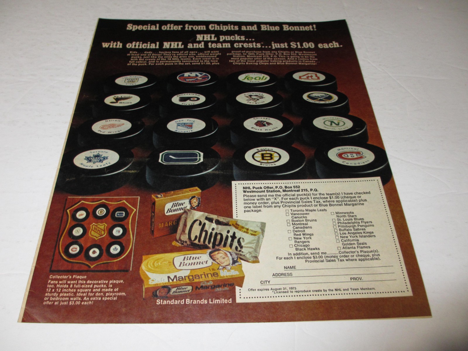 NHL HOCKEY PUCKS 16 Teams original print ad 1972 rare Blue Bonnet 10.5×12