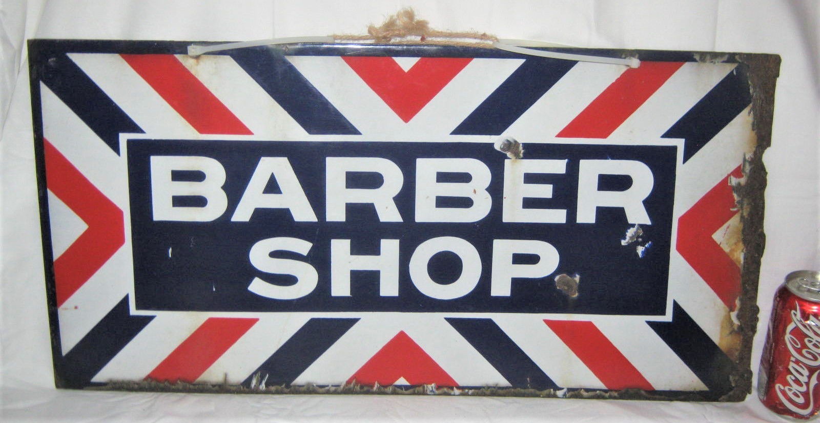 ANTIQUE BARBER SHOP DOUBLE SIDED PORCELAIN SIGN HAIR SHAVE ART MAN TOOL US STEEL