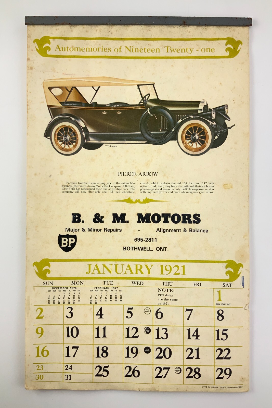 Automemories 1921 B&M Motors Bothwell Ontario 1977 Calendar Antique Cars EE640