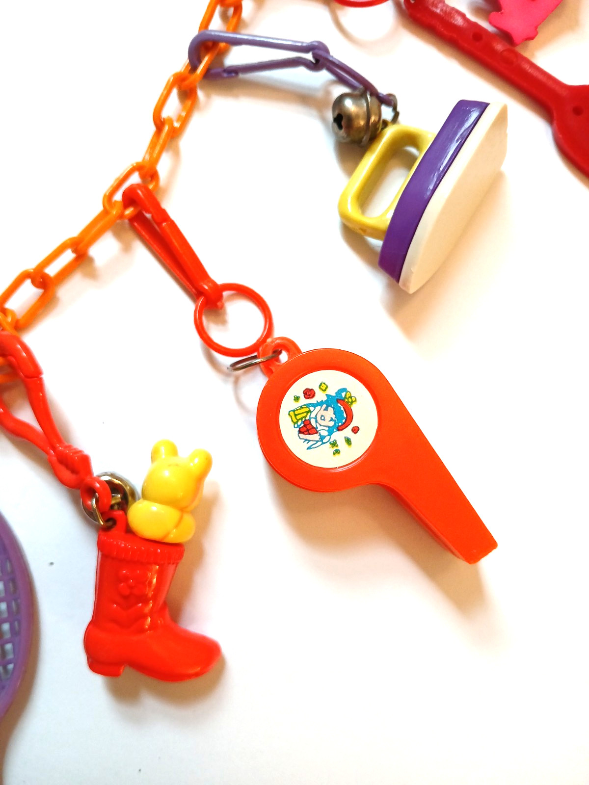 Vintage 80s Bell Charm Necklace w/ 15 Plastic Clip Charms and Orange Chain Retro