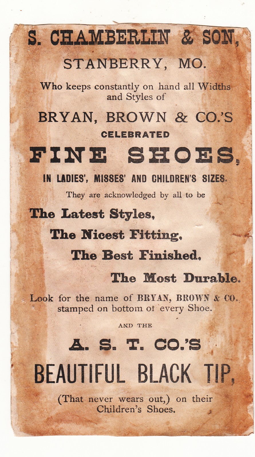 AST Co Black Tip Shoes Old Woman Shoe S Chamberlin & Son Stanberry MO c1880s