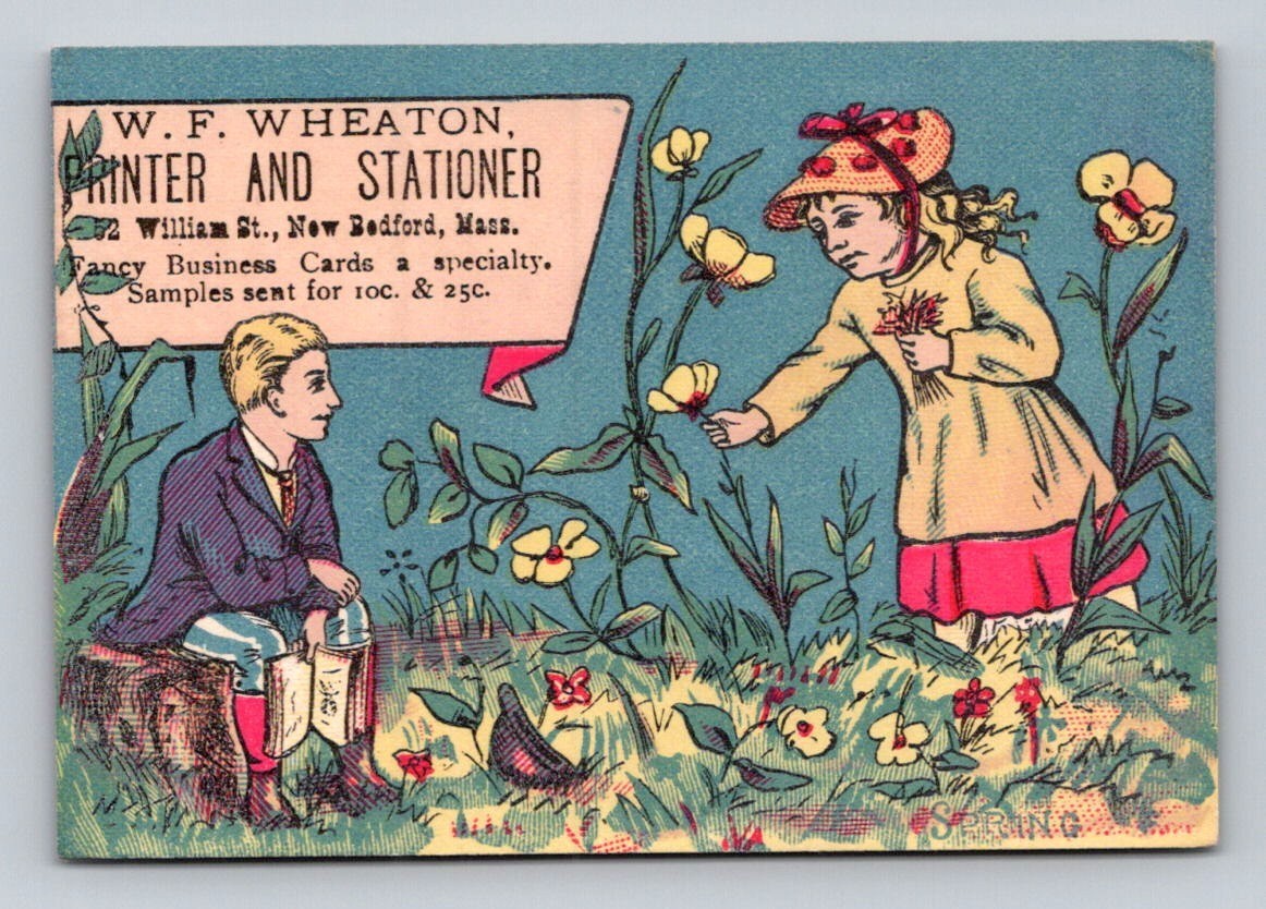 W F Wheaton Printer Stationer Boy Girl Flowers New Bedford Trade Card P895