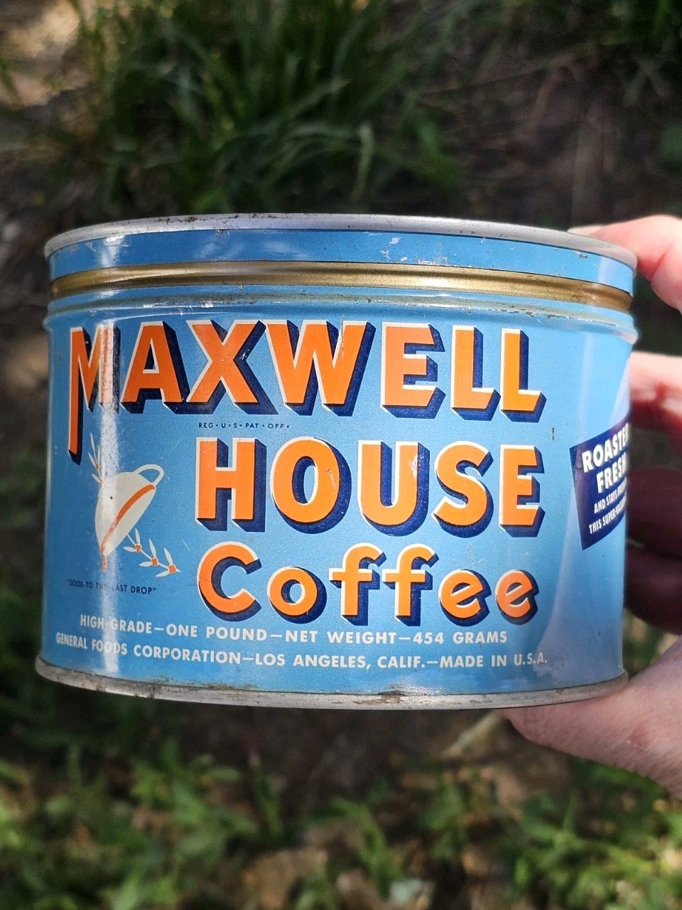 Vintage MAXWELL HOUSE COFFEE TIN Can Country Store Advertising 1lbs Antique Blue