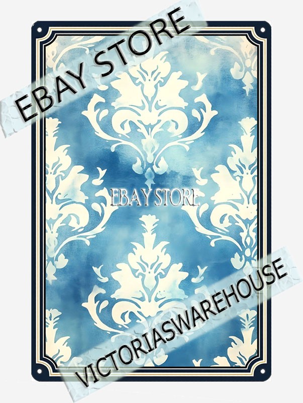 Blue Damask Metal Tin Sign Floral Pattern ornate antique pattern