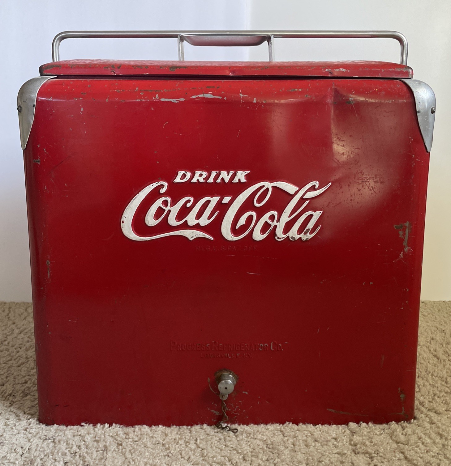 Vintage Coca Cola Soda Metal Picnic Cooler Ice Chest Progress Refrigerator Co.
