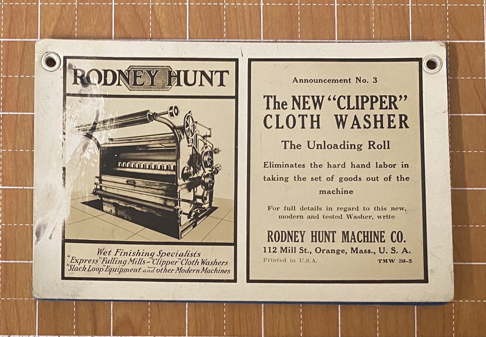 Celluloid Cover Blotter Book RODNEY HUNT MACHINE CO.ORANGE MA~Clipper Cloth Wash