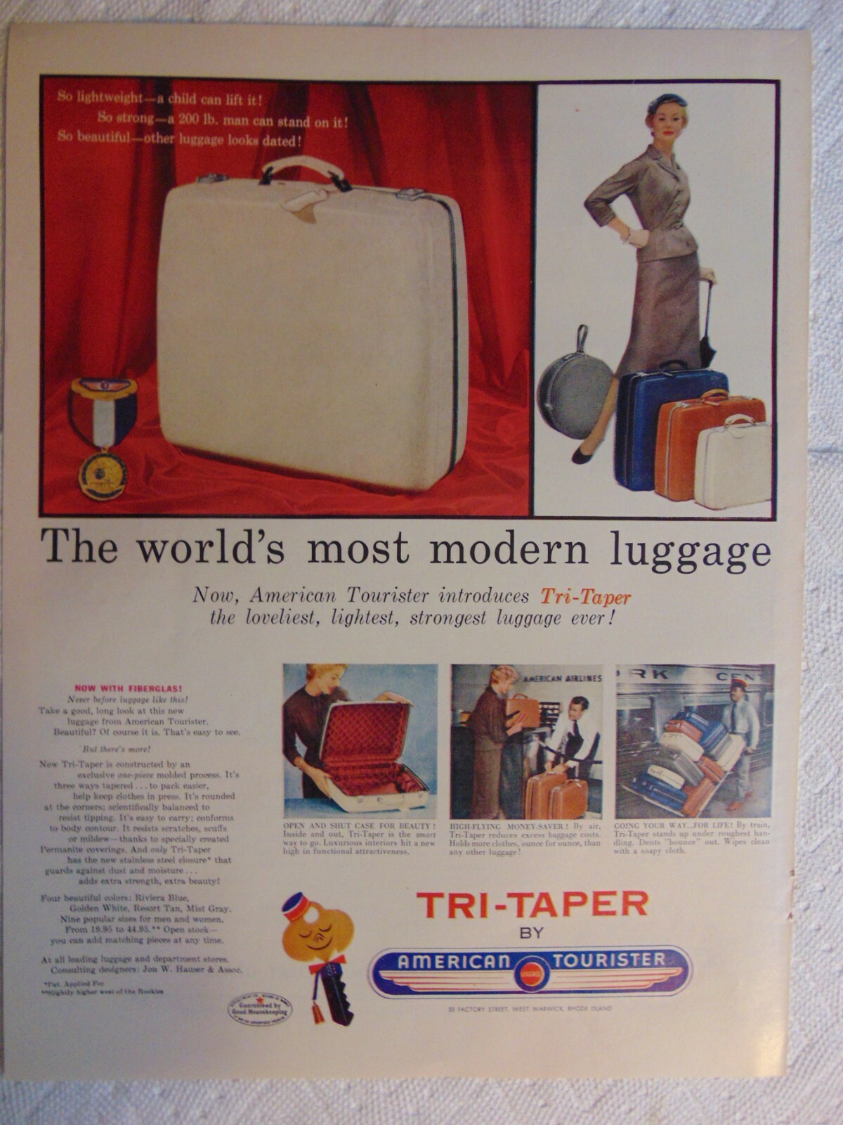 1954 AMERICAN TOURISTER LUGGAGE TRI-TAPER vintage art print ad