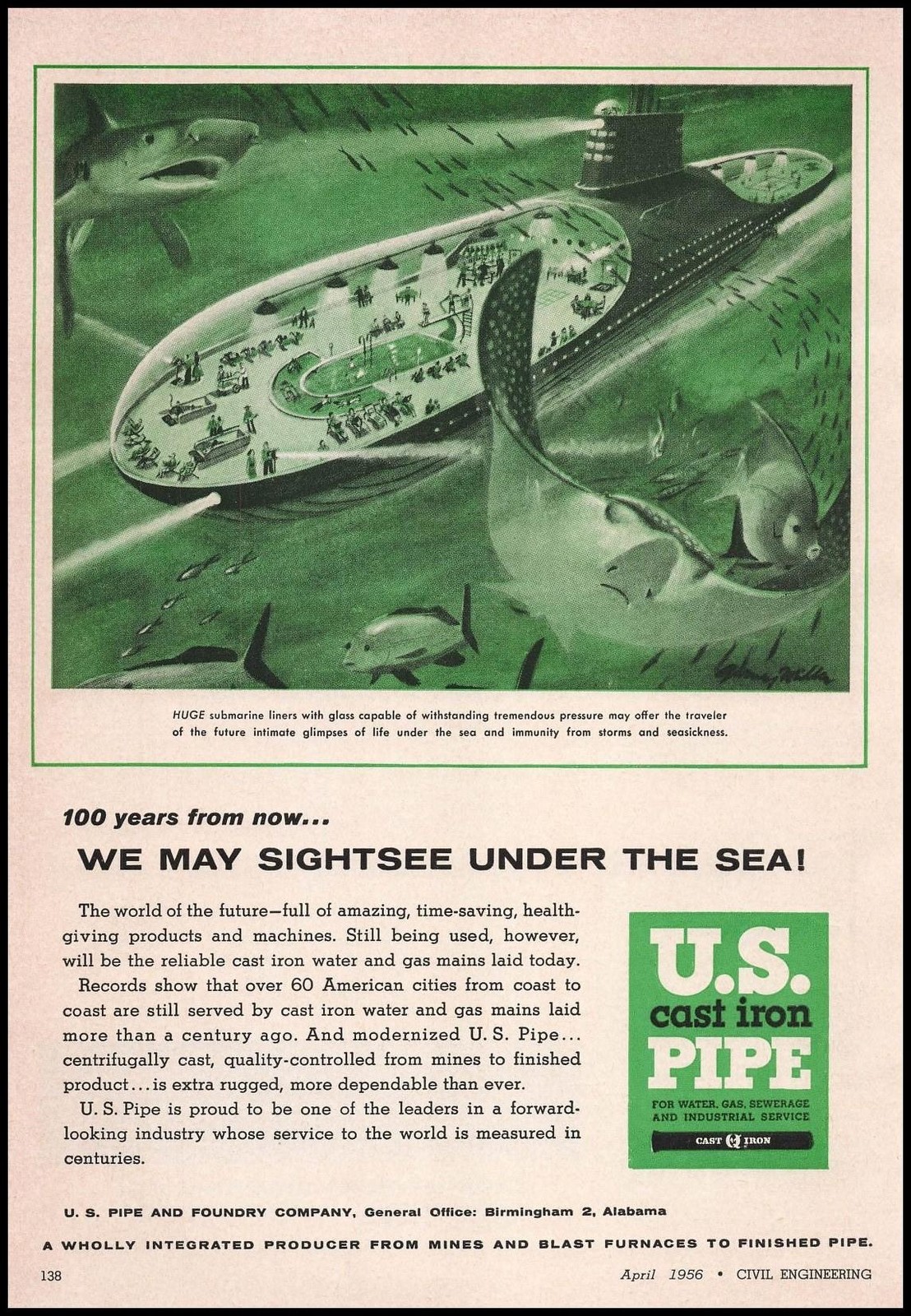 1956 US Pipe Atomic Age Futuristic Submarine Gurney Miller Art Vintage Print Ad
