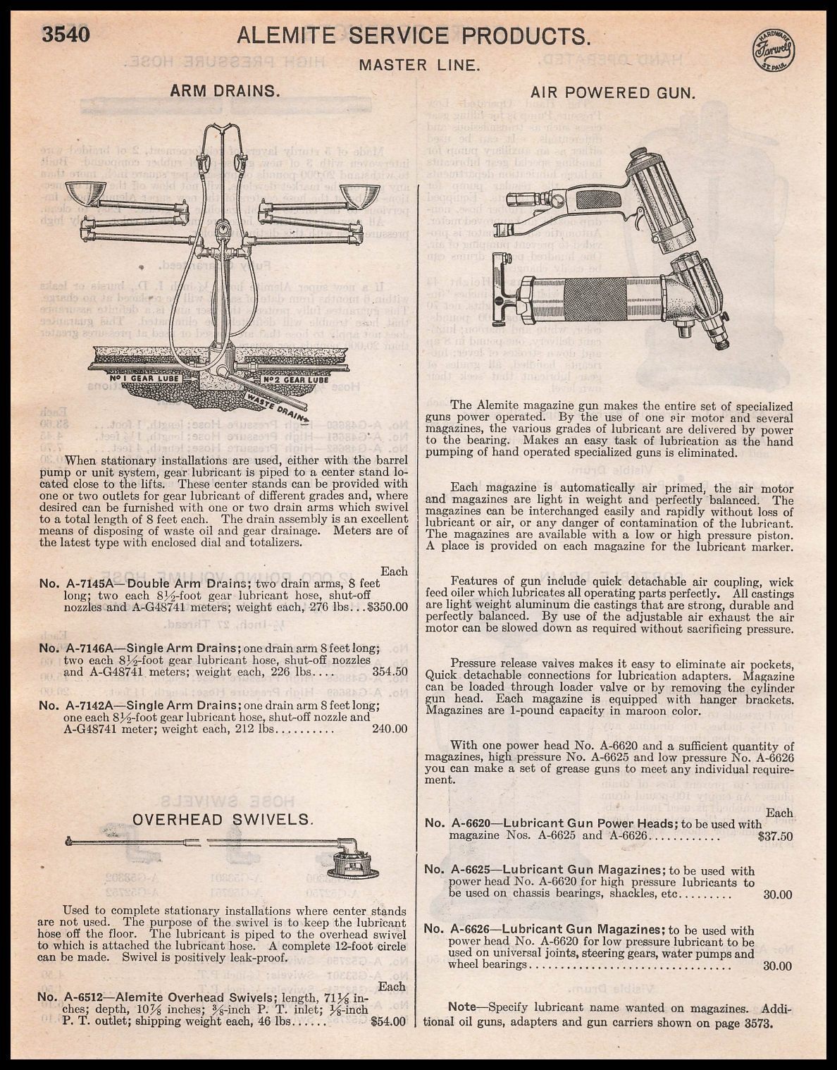 1948 Alemite Master Line Arm Drains Air Powered Guns Overhead Swivels Print Ad