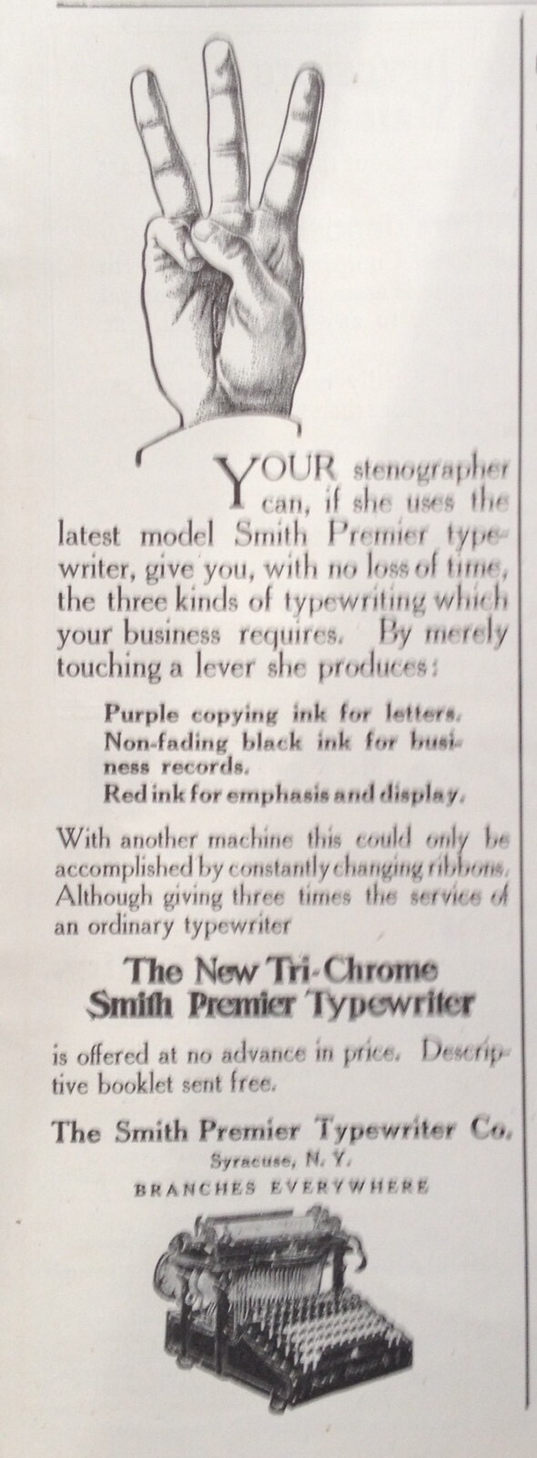 1907 AD(K8)~SMITH PREMIER TYPEWRITER CO. SYRACUSE, NY. TRI-CHROME TYPEWRITER