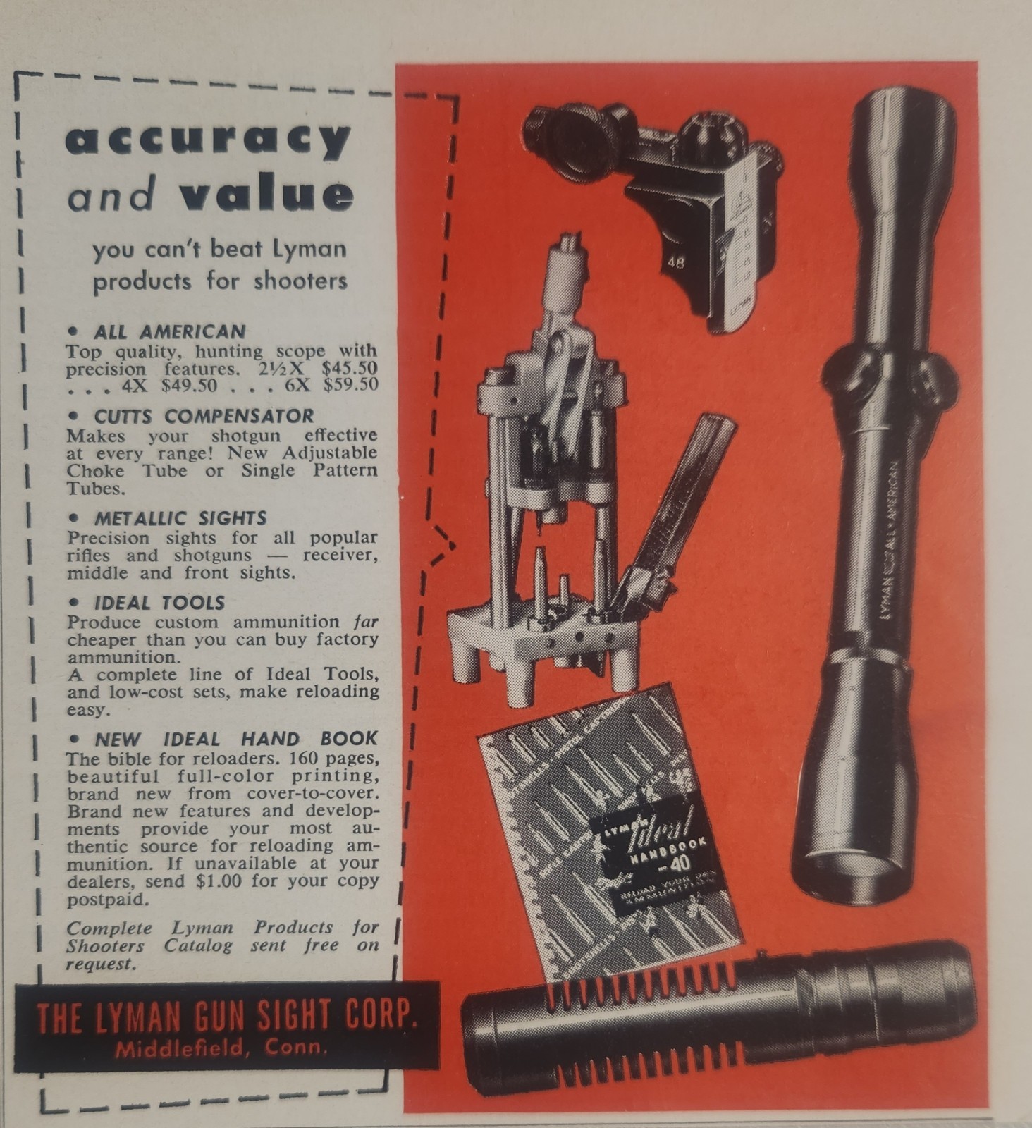 1955 Print Ad Lyman Gun Sights, Rifle Scopes, Cutts Compensator Middlefield,CT