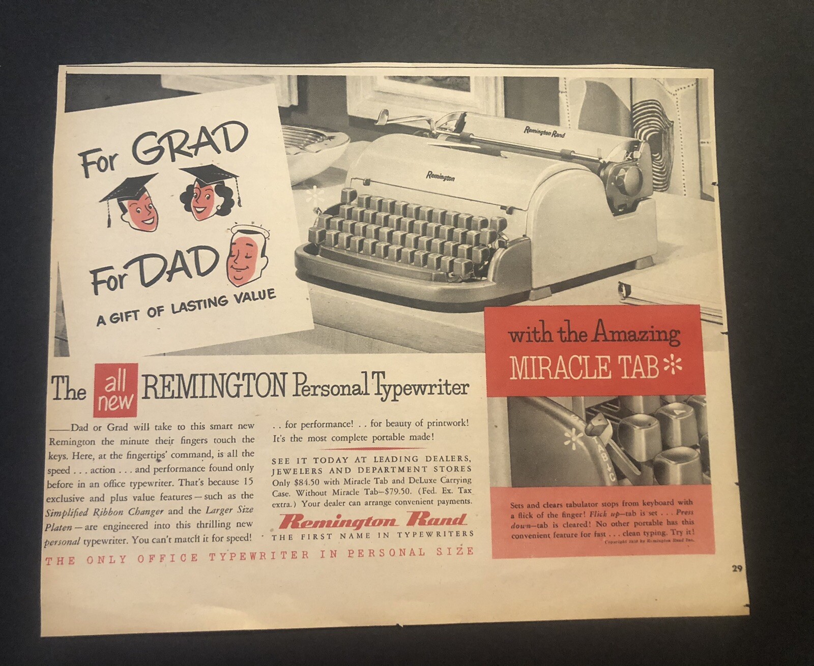 1950’s Remington Rand Personal Typewriter Colored Magazine Ad 2D21