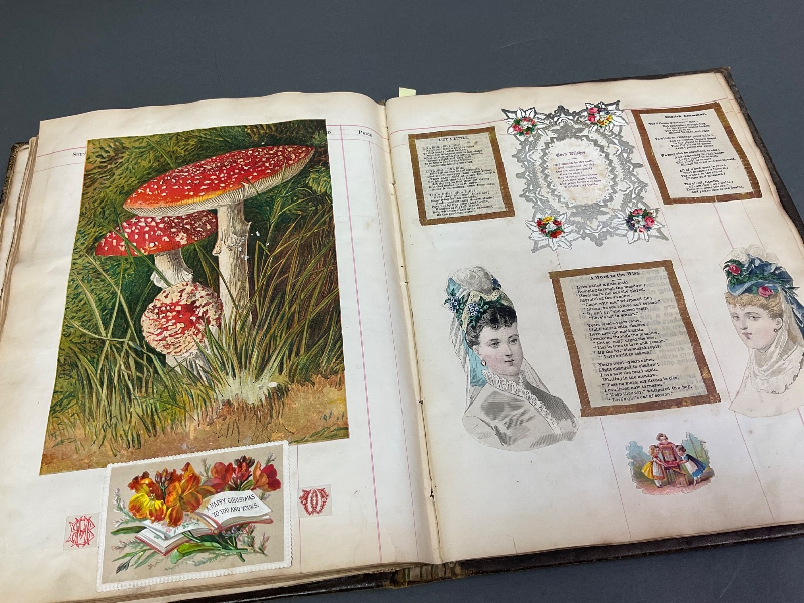 1860’s Antique Victorian Scrap Book Album Die Cuts, inside Leather bound Bible