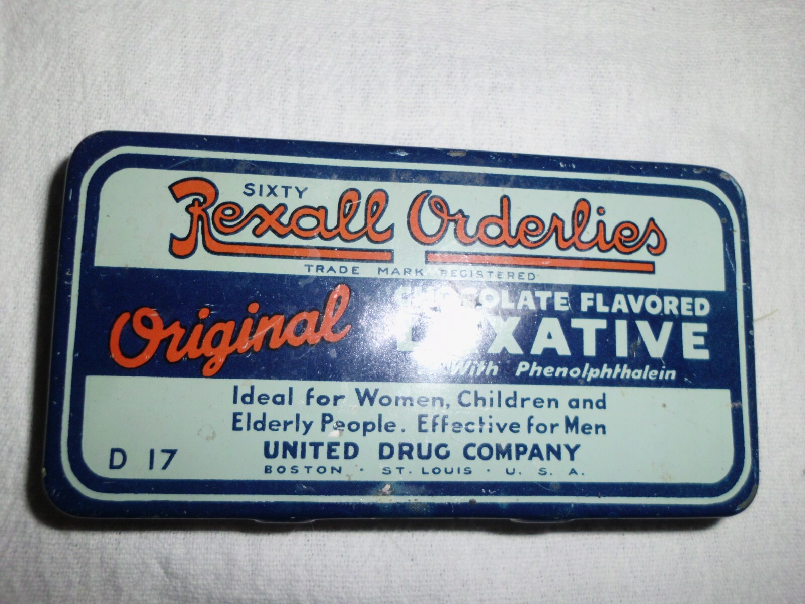 Rexalls Advertising Tin Orderlies Chocolate Flavored Laxative 60 Count