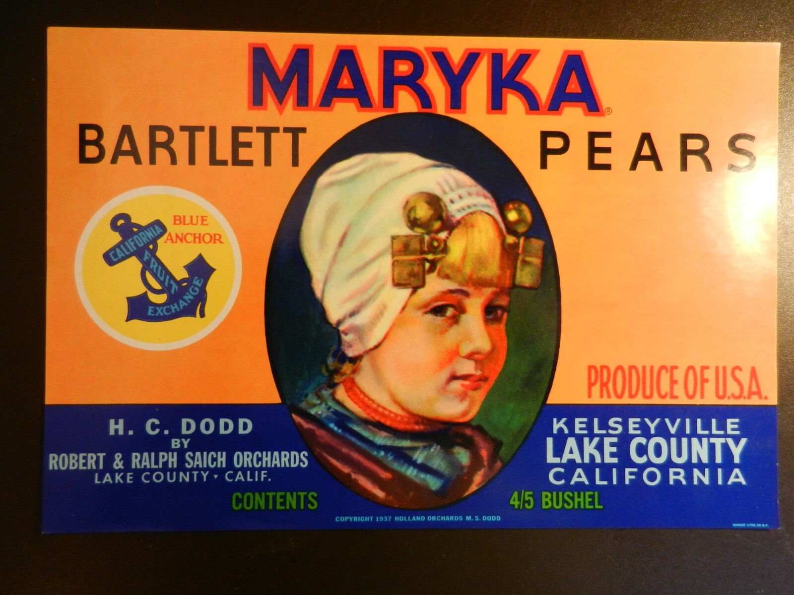 VINTAGE MARYKA BARTLETT PEARS UNUSED LABEL. 11″ X 7 1/4″