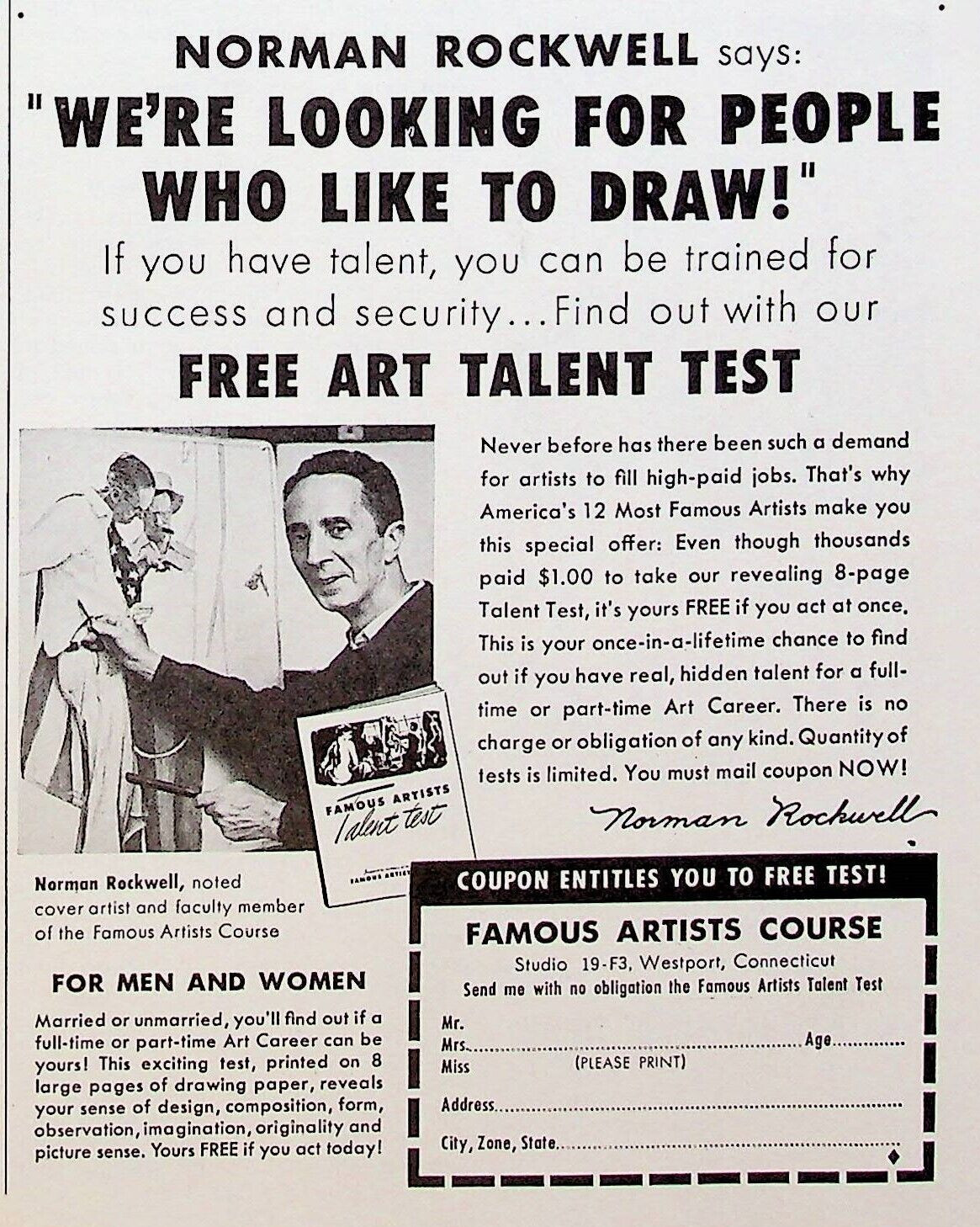 1953 Norman Rockwell Famous Artists Free Art Talent Test Vintage 1950s Print Ad