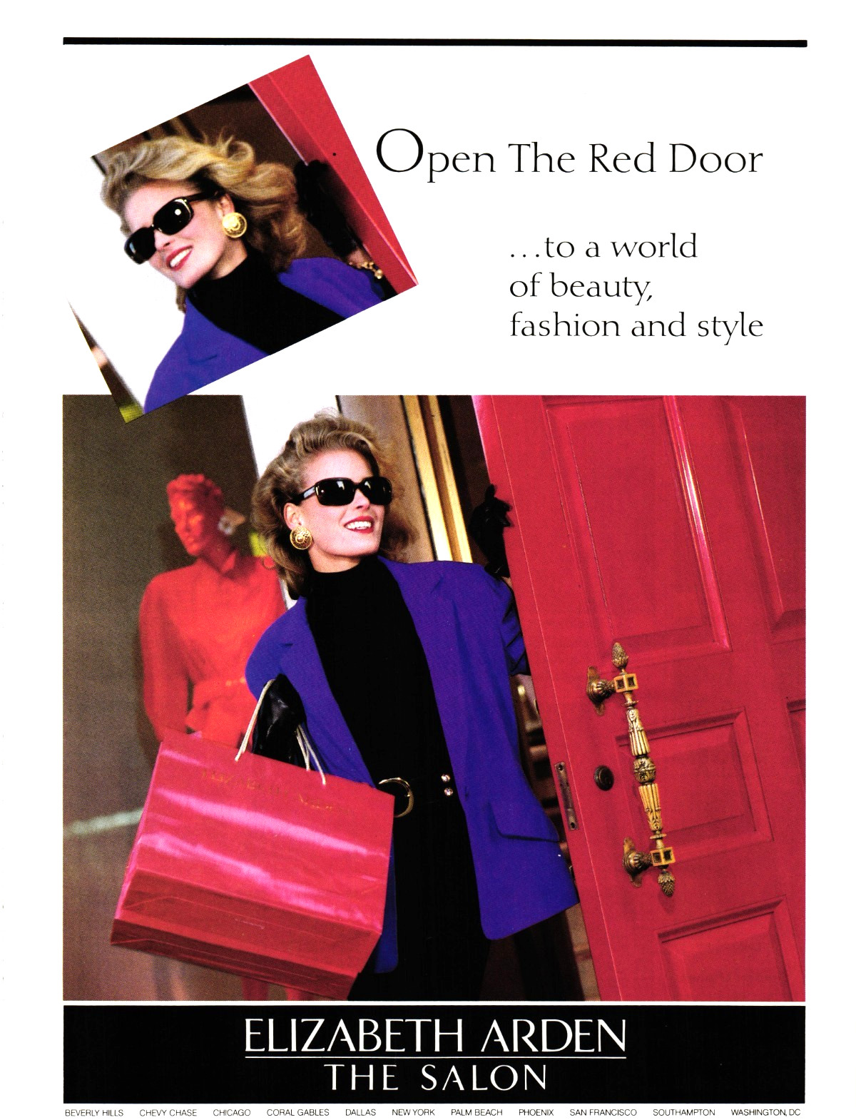 80s Print Ad Elizabeth Arden The Salon Red Door Lady Sunglasses Shopping Bag 001