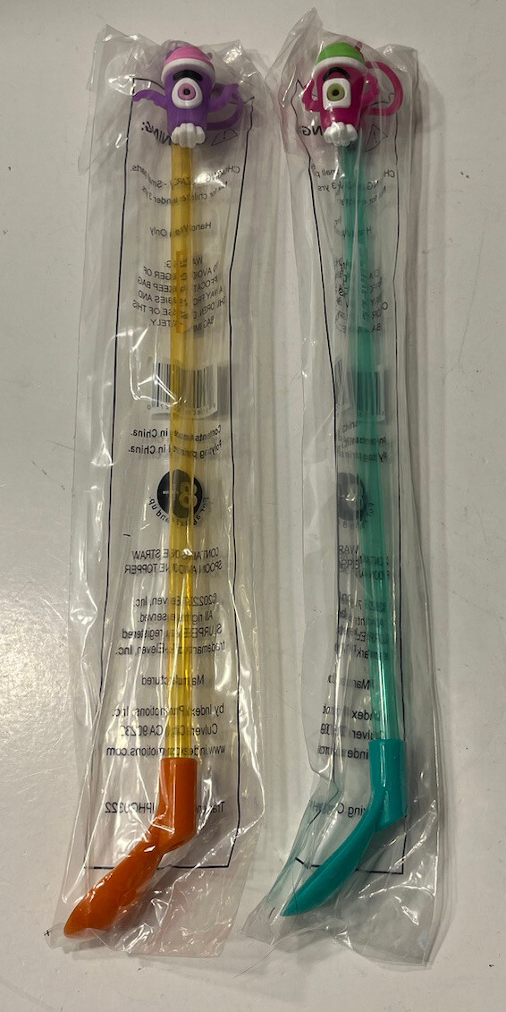 7-11 Slurpee Straw Spoon & Cyclops Cup Monster Topper Set Of 2 Multicolor NIP
