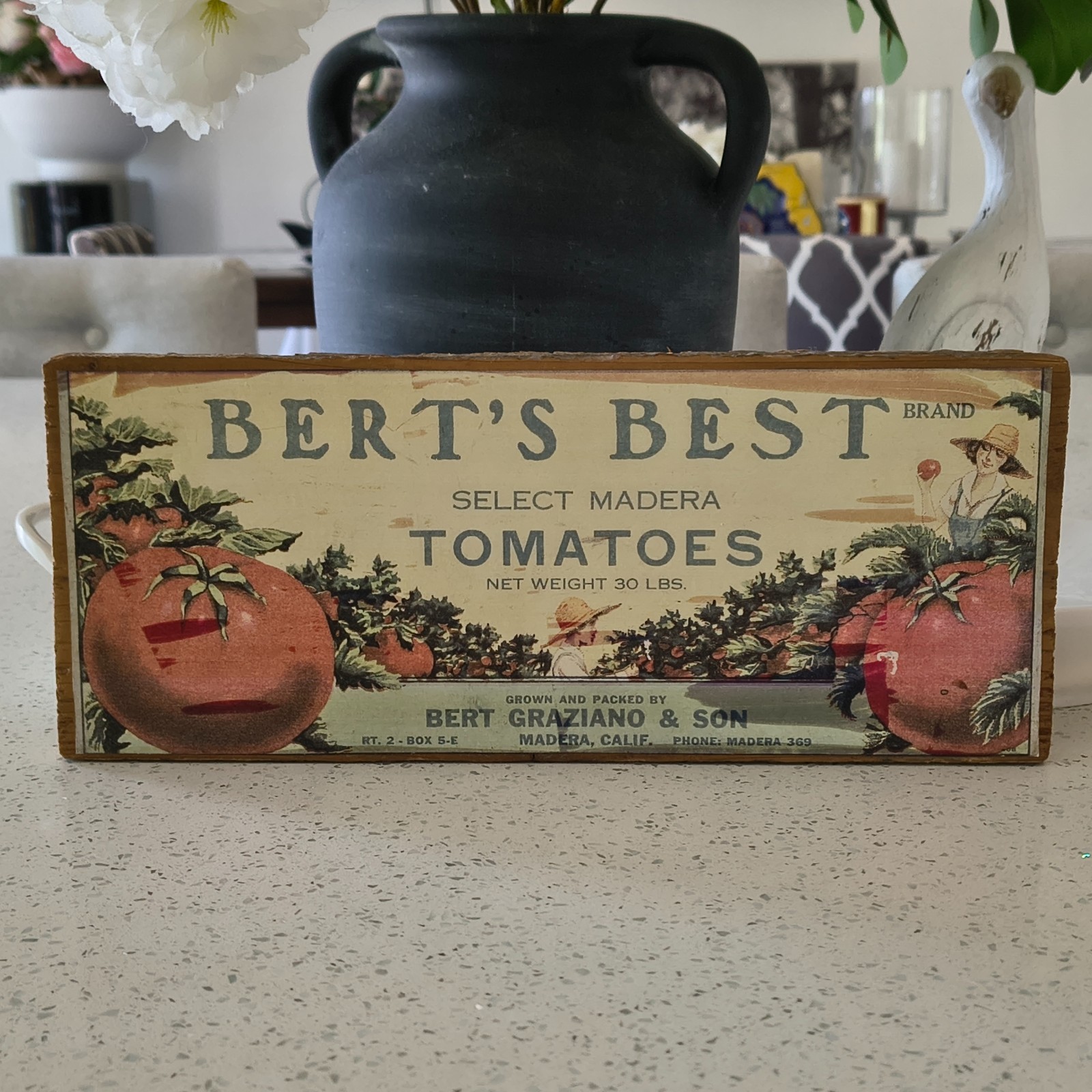 Vintage Bert’s Best Tomato Crate Label Wooden Hanging Sign – Madera California