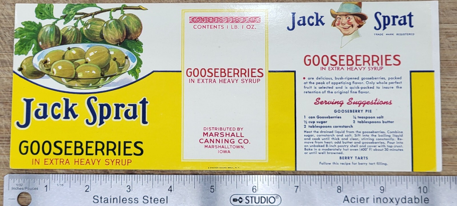 ADVERTISING Label Jack Sprat Goosenberries Marhalltown Iowa Marshall Canning