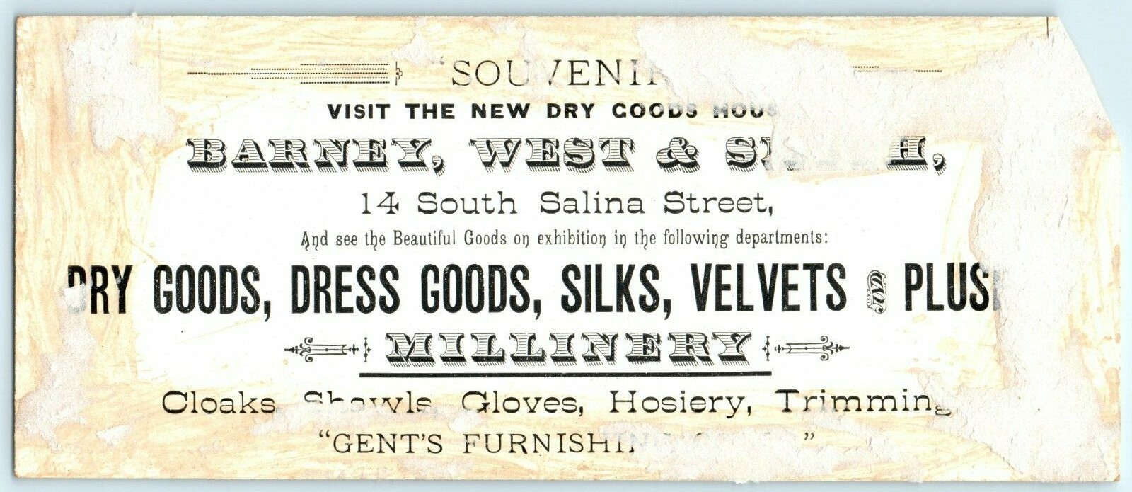 c1880s Syracuse NY Barney West & Smith Dry Goods Trade Card Bookmark Vtg NY