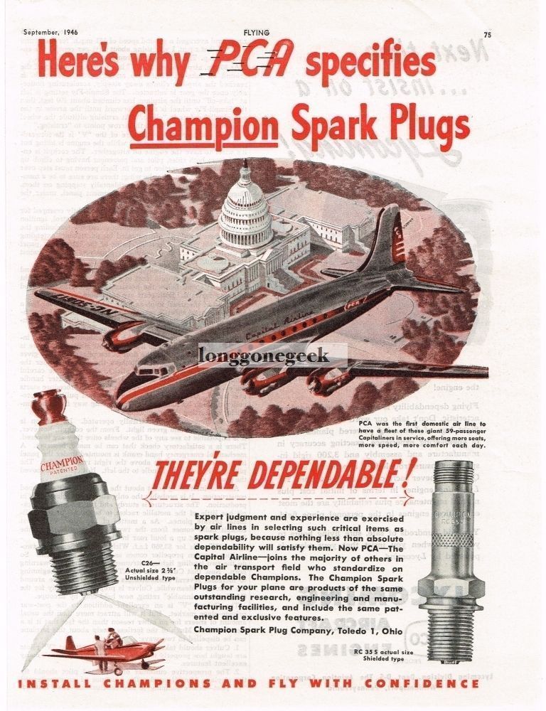 1946 Champion Spark Plugs Pennsylvania Capital Airlines PCA Vintage Ad